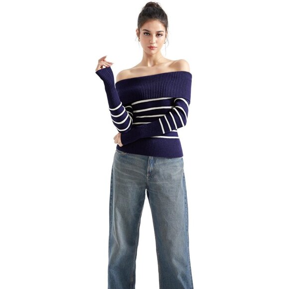 Women Blue White Off Shoulder Long Sleeve Tops Blouse Sweaters - Picture 2 of 7